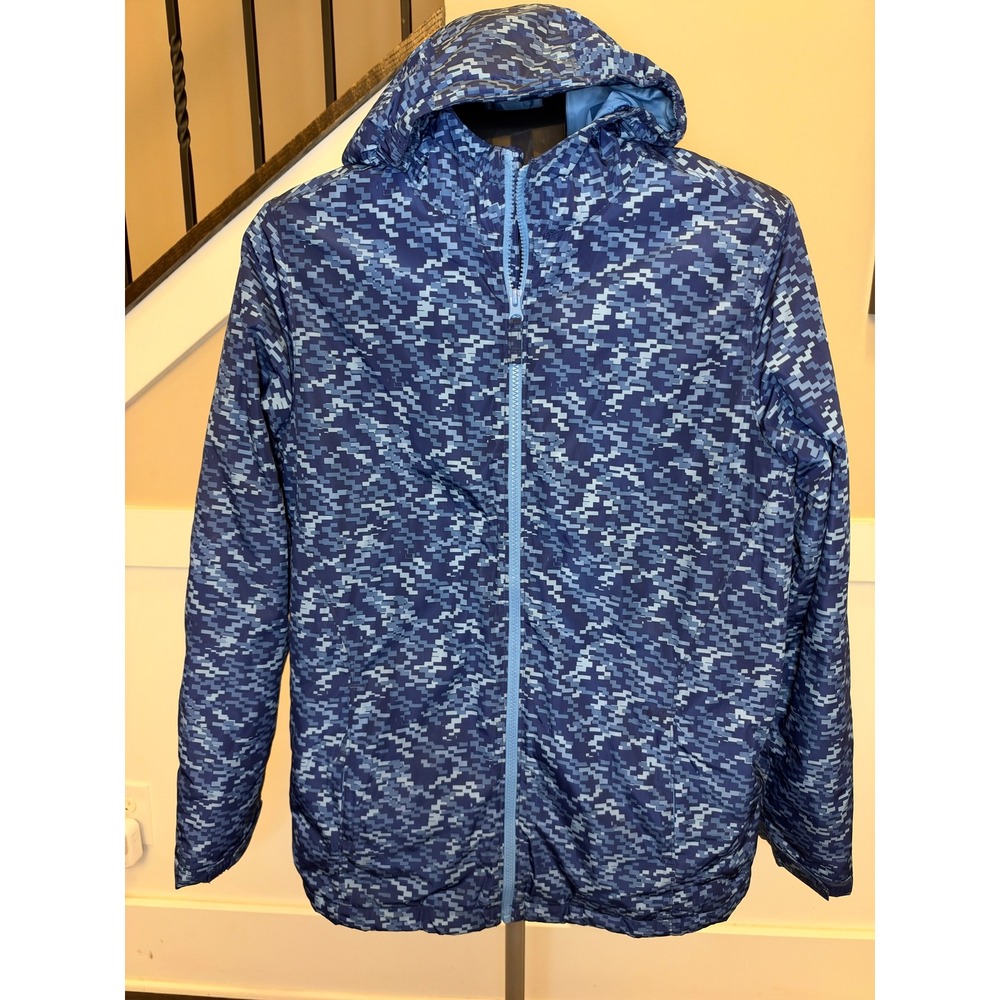 Lands End Boys XXL 18-20 Blue Digital Camo Hooded Rain Jacket Windbreaker Lined